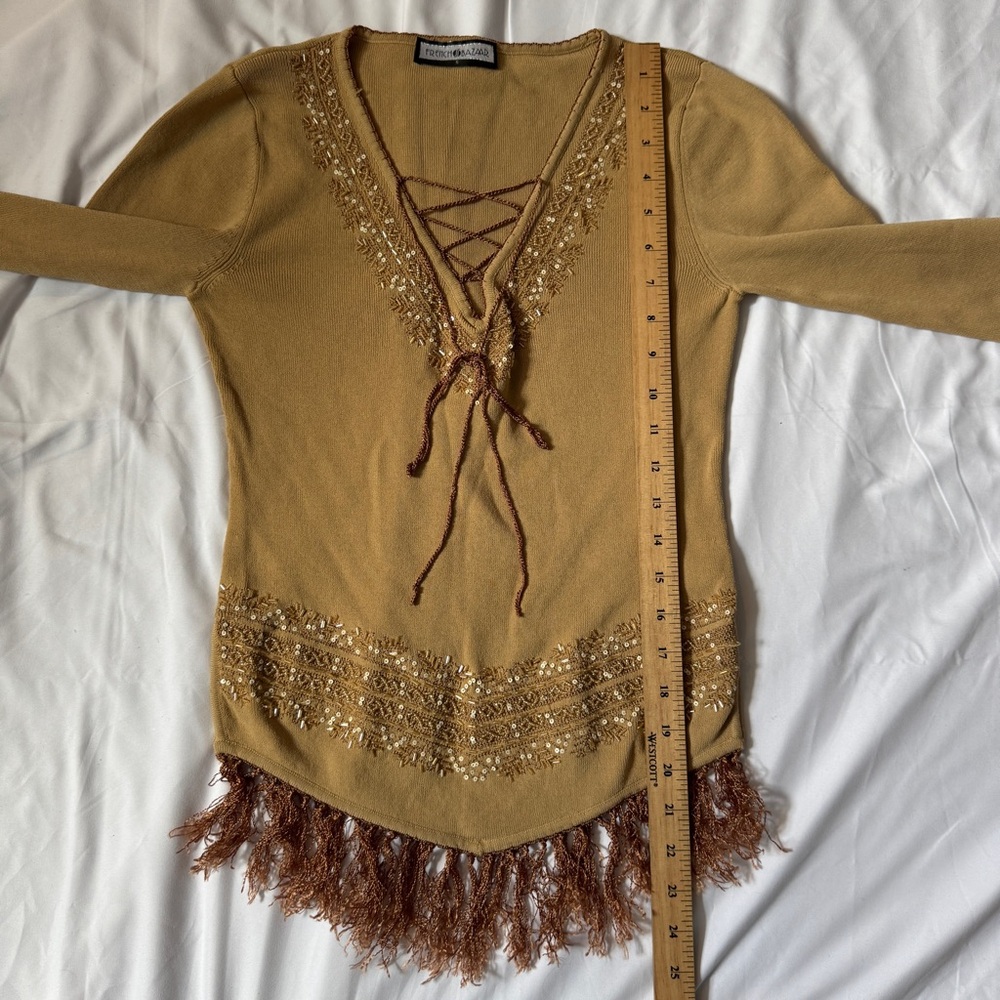 Vintage 90s Y2K Brown Tan Boho Fairy Top with Fringe and Beaded Sequin Details - Picture 11 of 12